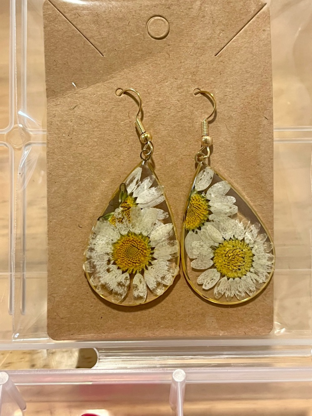 Daisy Resin Teardrop Earrings — White & Yellow Floral